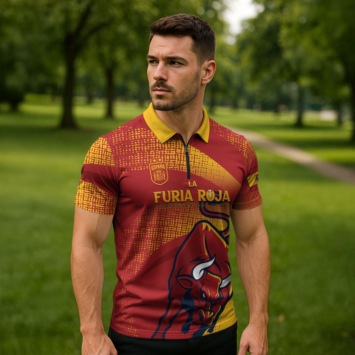 La Furia Roja Custom Campeones del Mundo Zipper Polo Shirt Espana El Toro