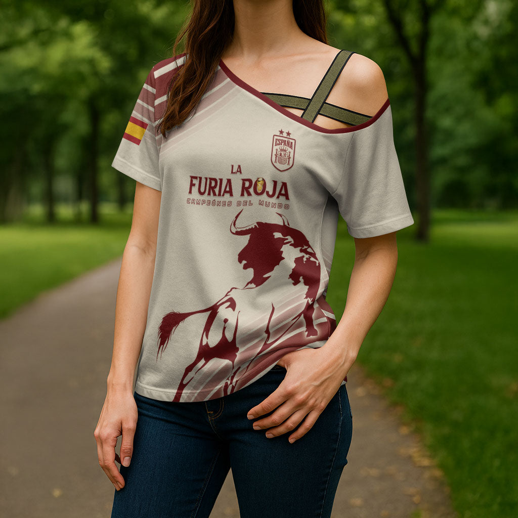 Spain La Roja Custom Cross Shoulder Shirt Campeones del Mundo - Away Color