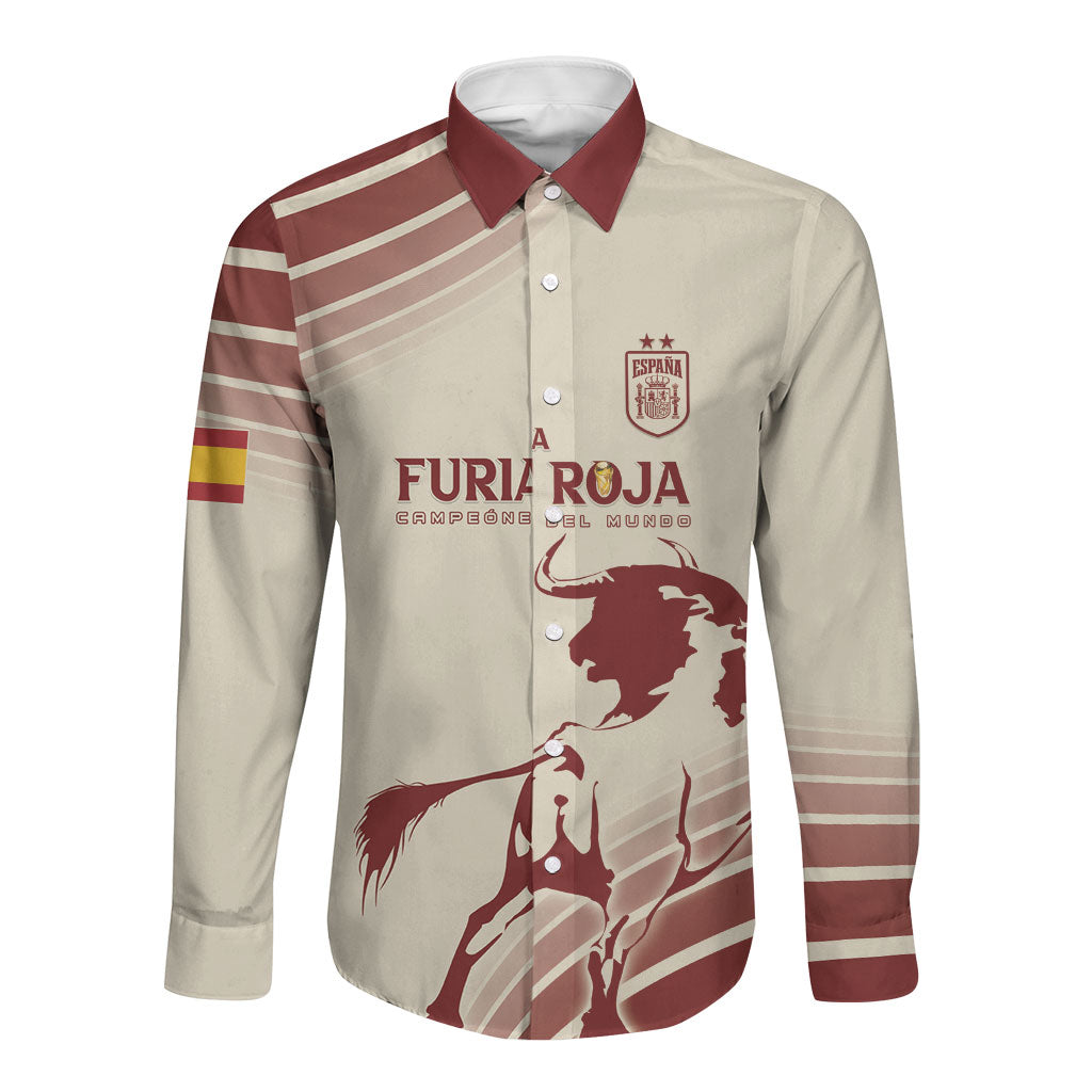 Spain La Roja Custom Long Sleeve Button Shirt Campeones del Mundo - Away Color