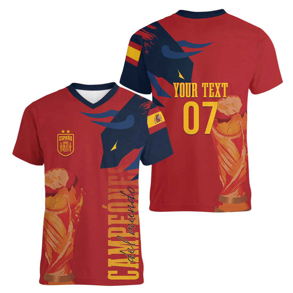 La Furia Roja Espana Custom Women V-Neck T-Shirt Campeones del Mundo 2026