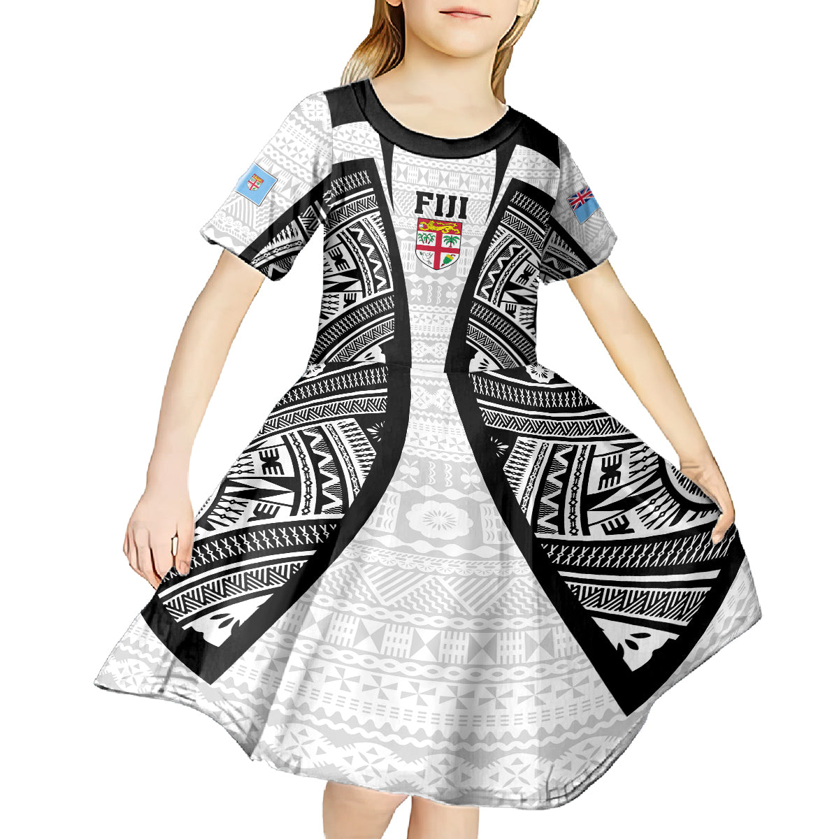 Personalised Fiji Rugby Kid Short Sleeve Dress 2023 World Cup History Makers - White Ver - Wonder Print Shop