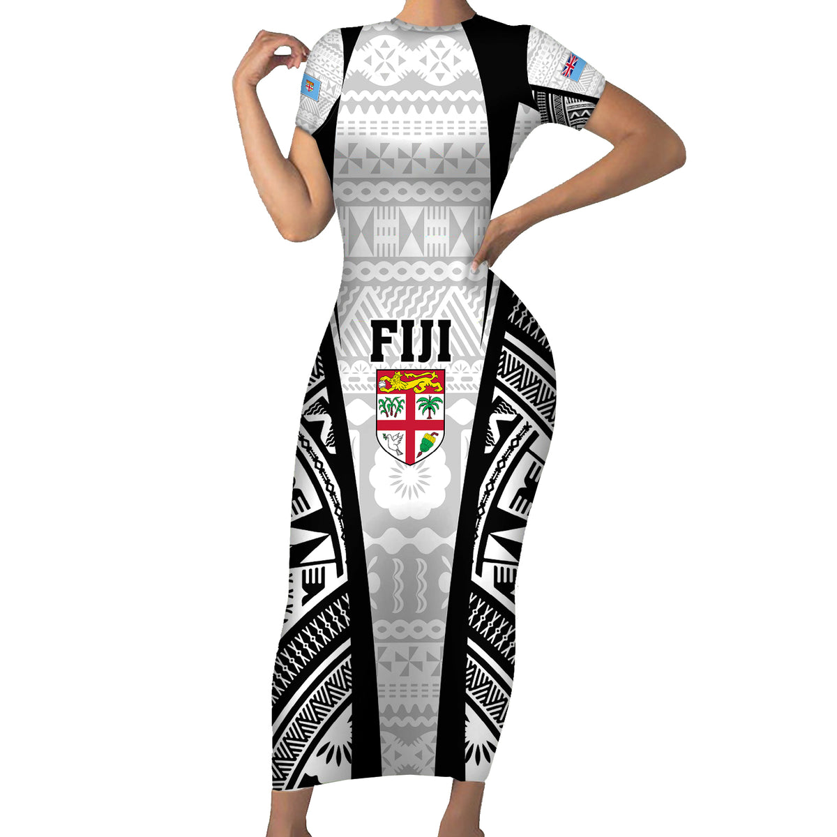 Personalised Fiji Rugby Short Sleeve Bodycon Dress 2023 World Cup History Makers - White Ver - Wonder Print Shop
