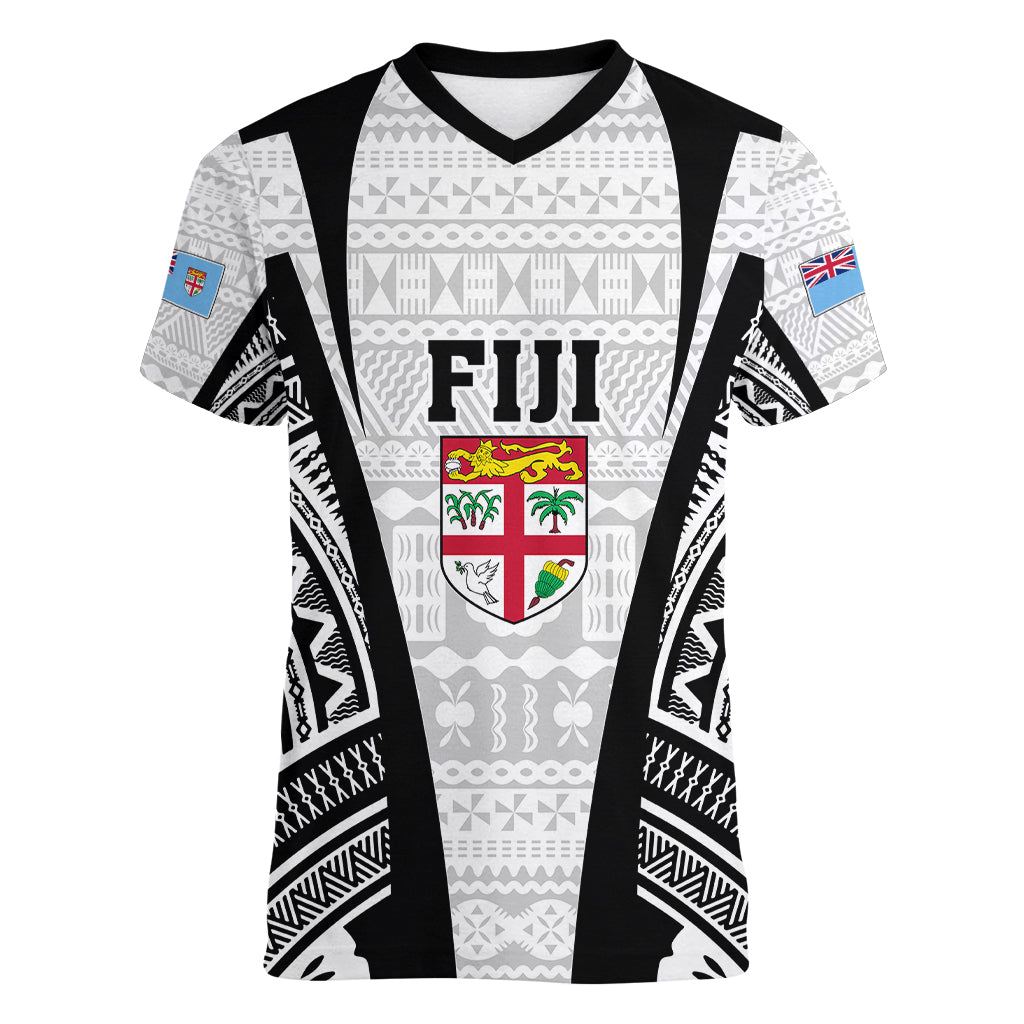 Personalised Fiji Rugby Women V Neck T Shirt 2023 World Cup History Makers - White Ver - Wonder Print Shop