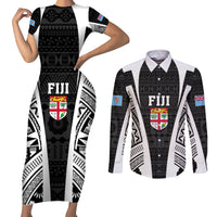 Personalised Fiji Rugby Couples Matching Short Sleeve Bodycon Dress and Long Sleeve Button Shirts 2023 World Cup History Makers - Black Ver LT7 - Wonder Print Shop
