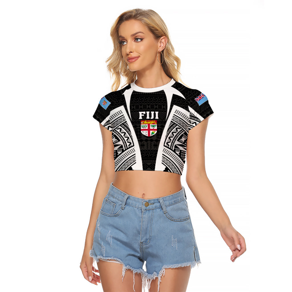 Personalised Fiji Rugby Raglan Cropped T Shirt 2023 World Cup History Makers - Black Ver - Wonder Print Shop