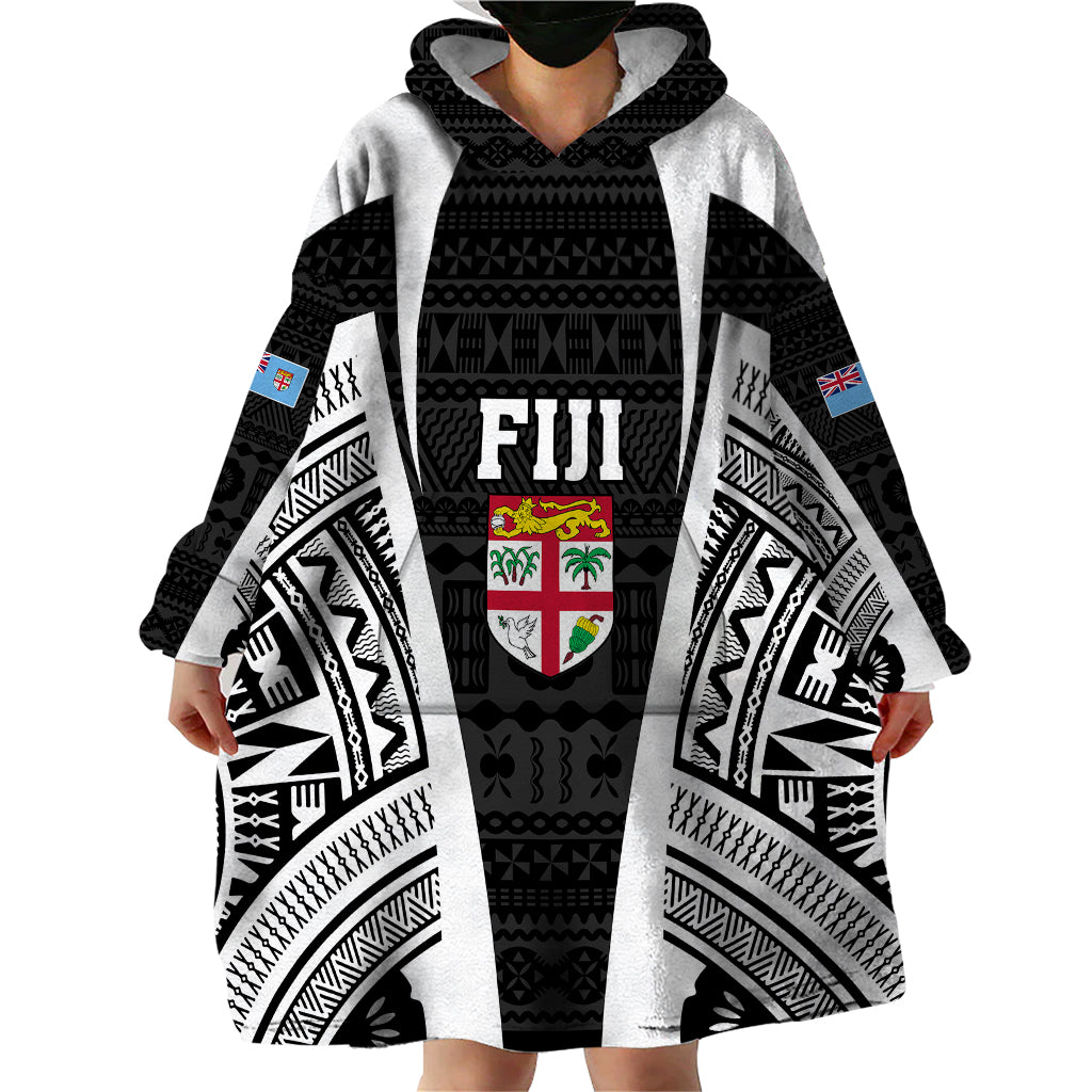 Personalised Fiji Rugby Wearable Blanket Hoodie 2023 World Cup History Makers - Black Ver - Wonder Print Shop