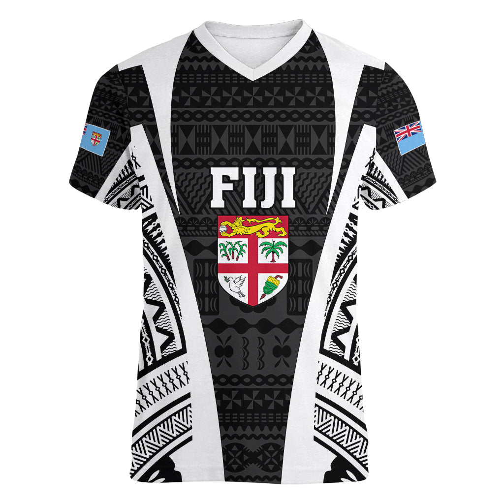 Personalised Fiji Rugby Women V Neck T Shirt 2023 World Cup History Makers - Black Ver - Wonder Print Shop