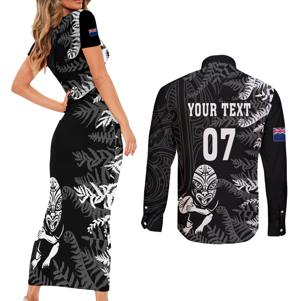 Personalised New Zealand Rugby Couples Matching Short Sleeve Bodycon Dress and Long Sleeve Button Shirts Silver Fern Basic 2023 World Cup LT7 - Wonder Print Shop
