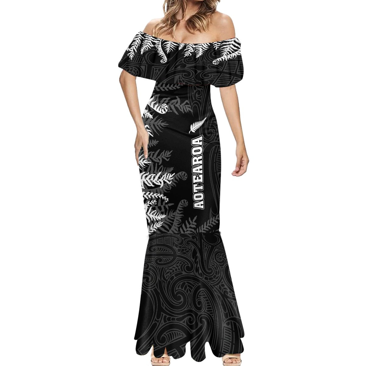 Personalised New Zealand Rugby Mermaid Dress Silver Fern Basic 2023 World Cup - Wonder Print Shop