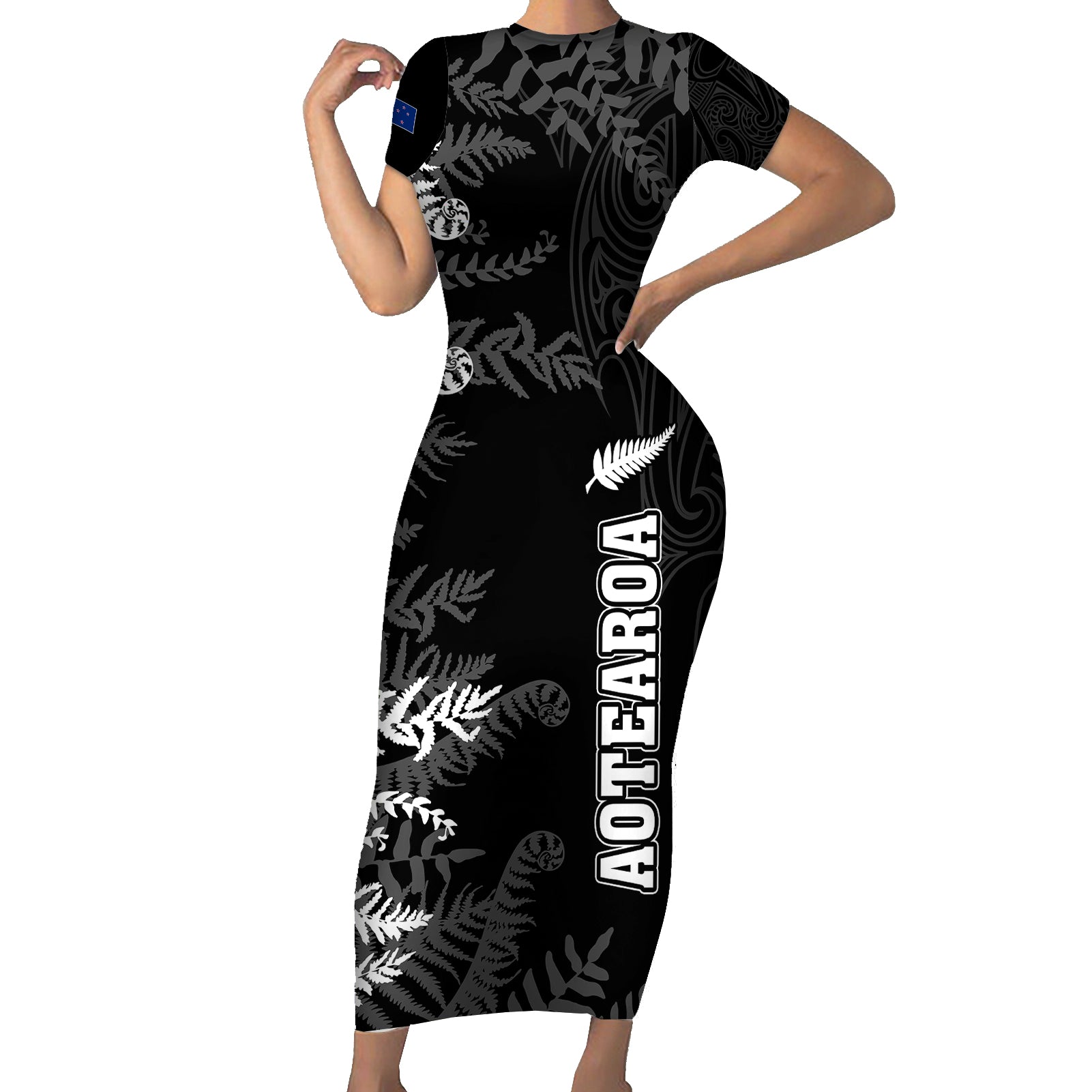 Personalised New Zealand Rugby Short Sleeve Bodycon Dress Silver Fern Basic 2023 World Cup - Wonder Print Shop
