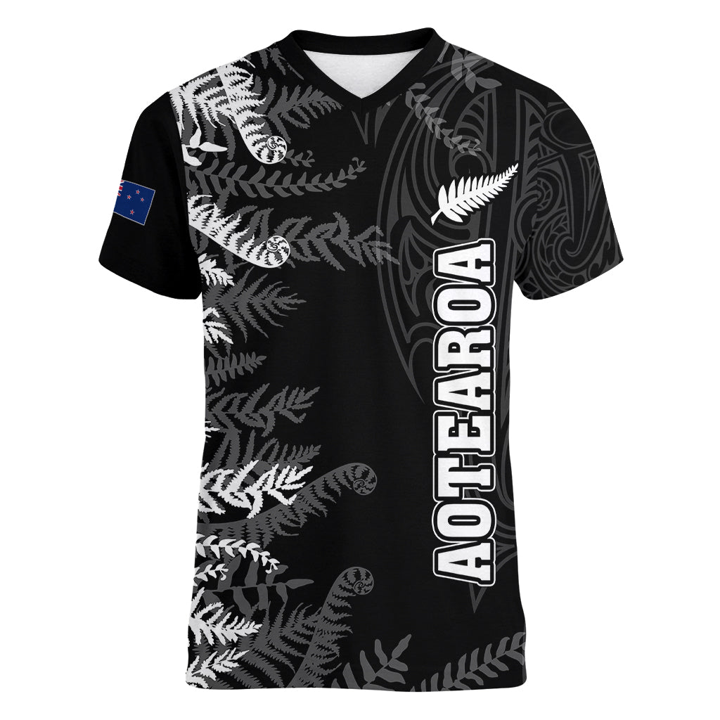 Personalised New Zealand Rugby Women V Neck T Shirt Silver Fern Basic 2023 World Cup - Wonder Print Shop