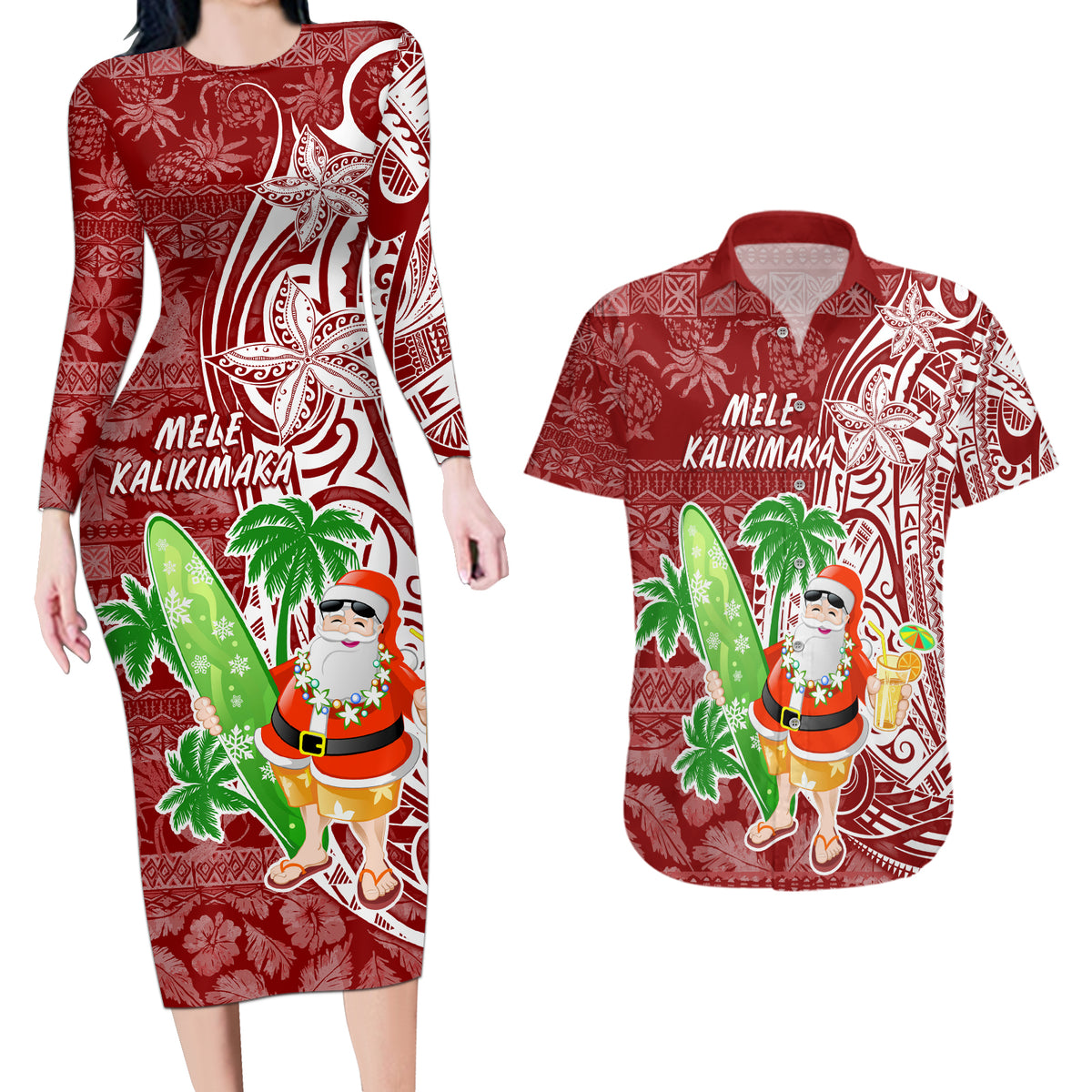 Hawaii Christmas Mele Kalikimaka Couples Matching Long Sleeve Bodycon Dress and Hawaiian Shirt Santa Claus LT7 - Wonder Print Shop