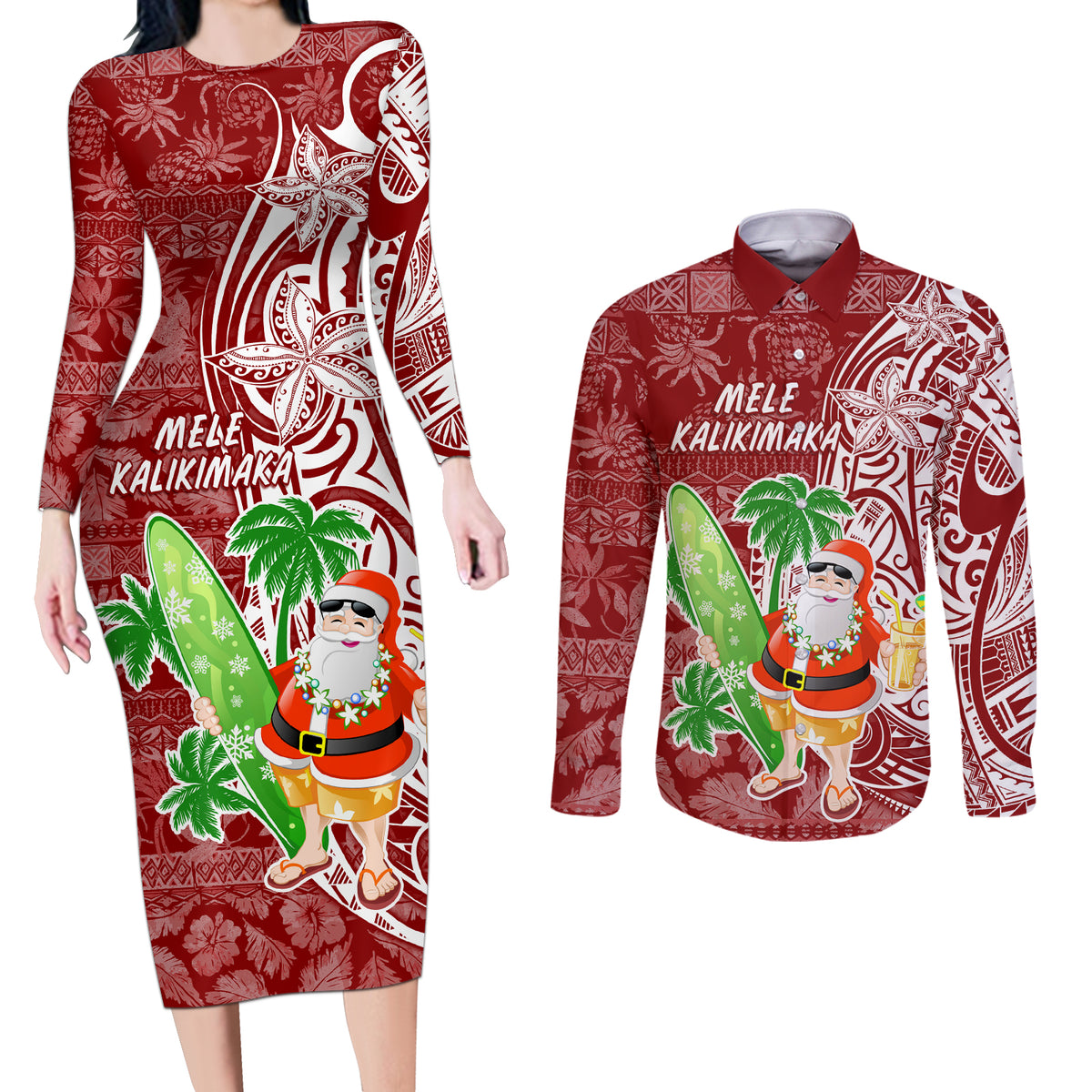 Hawaii Christmas Mele Kalikimaka Couples Matching Long Sleeve Bodycon Dress and Long Sleeve Button Shirt Santa Claus LT7 - Wonder Print Shop