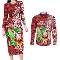 Hawaii Christmas Mele Kalikimaka Couples Matching Long Sleeve Bodycon Dress and Long Sleeve Button Shirt Santa Claus LT7 - Wonder Print Shop