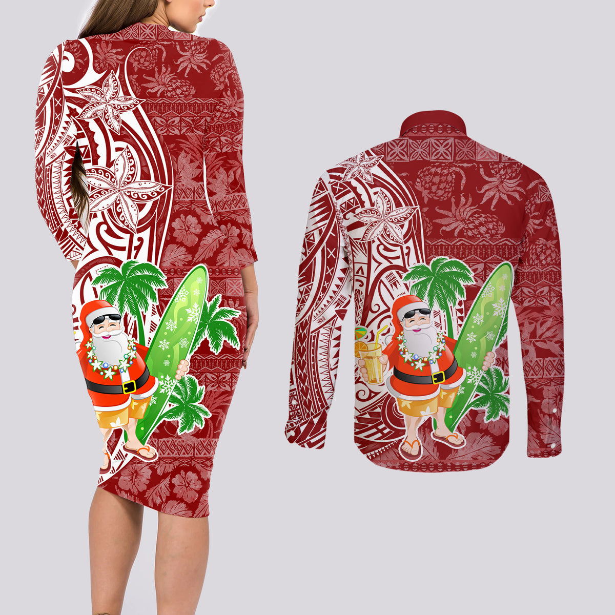 Hawaii Christmas Mele Kalikimaka Couples Matching Long Sleeve Bodycon Dress and Long Sleeve Button Shirt Santa Claus LT7 - Wonder Print Shop