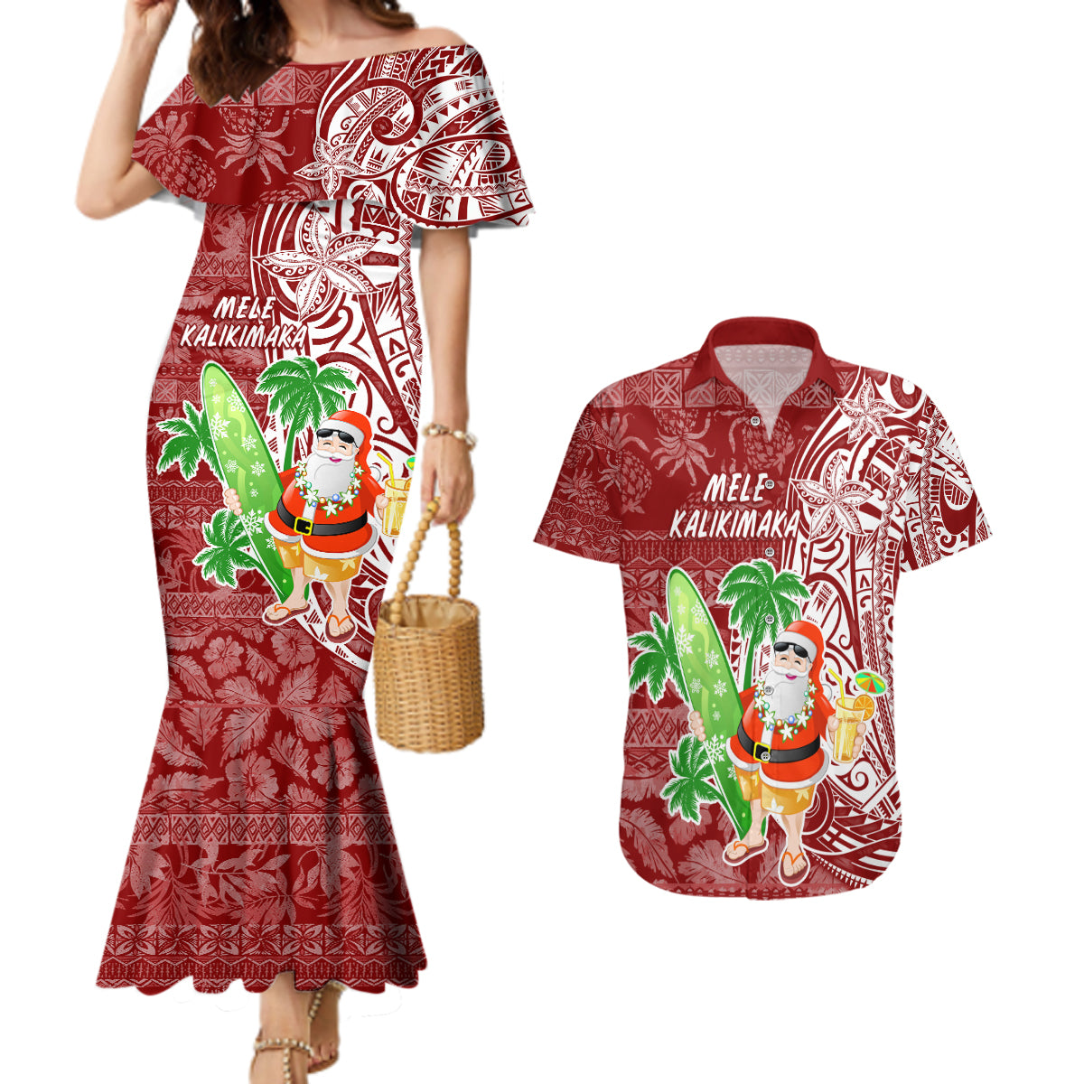 Hawaii Christmas Mele Kalikimaka Couples Matching Mermaid Dress and Hawaiian Shirt Santa Claus LT7 - Wonder Print Shop