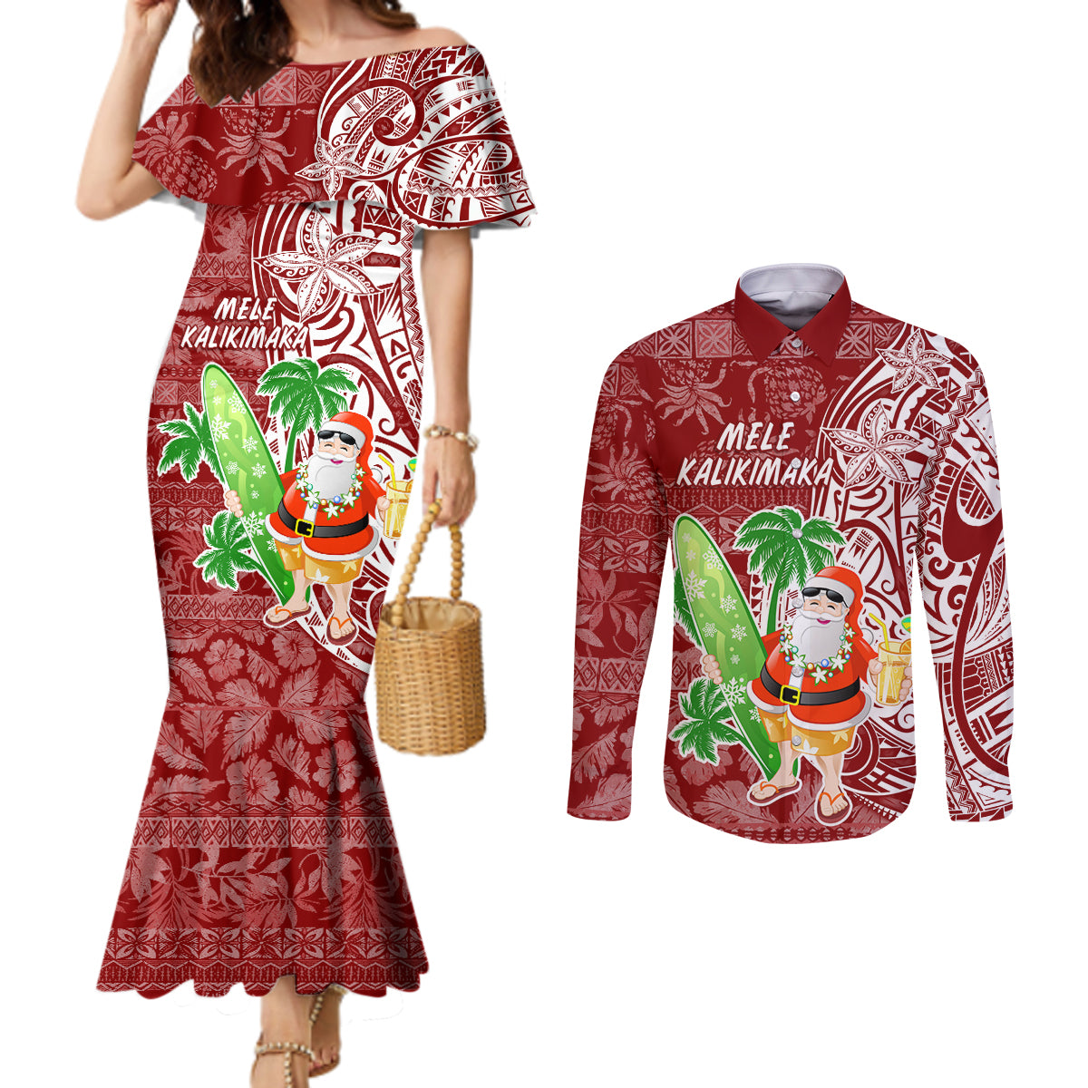 hawaii-christmas-mele-kalikimaka-couples-matching-mermaid-dress-and-long-sleeve-button-shirt-santa-claus