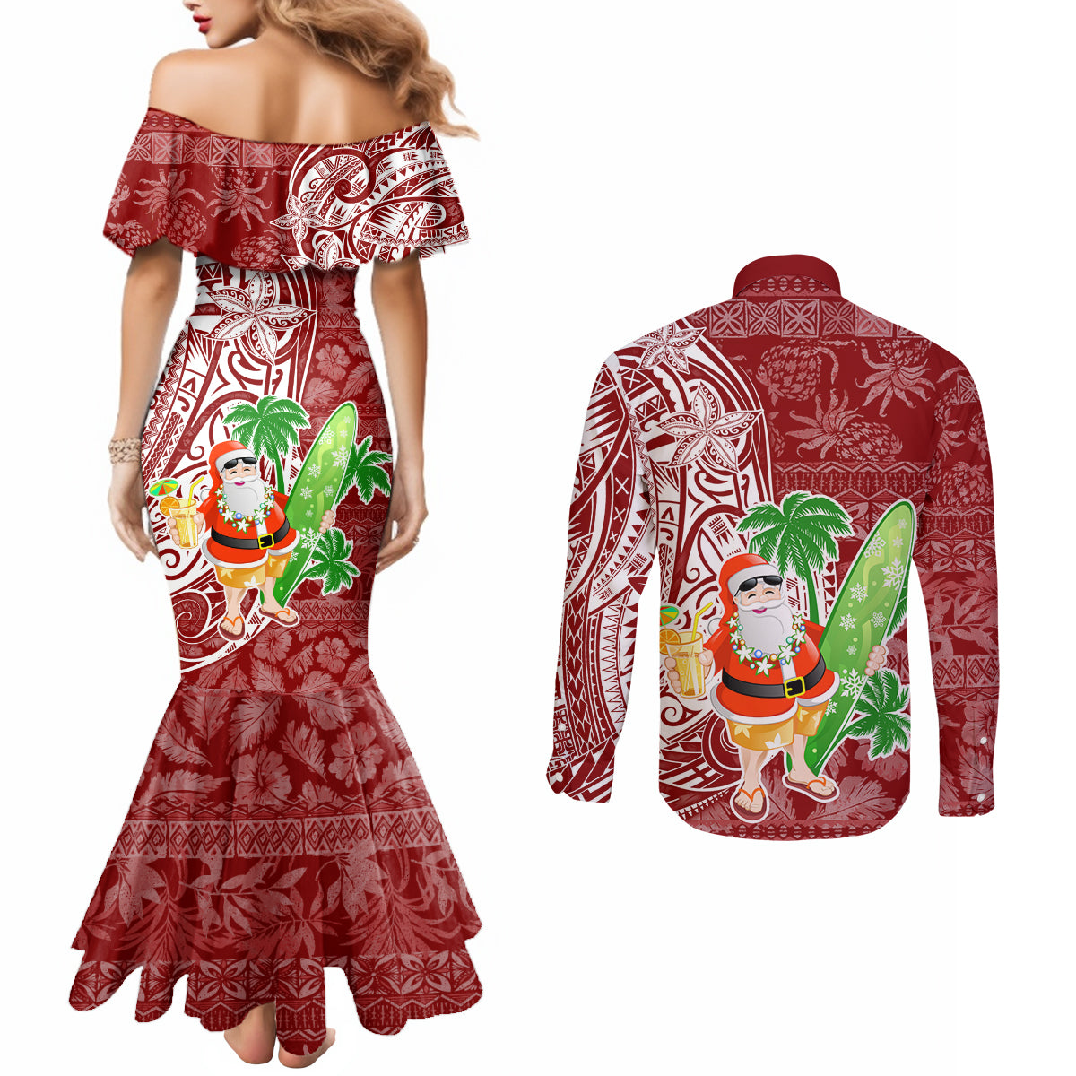 hawaii-christmas-mele-kalikimaka-couples-matching-mermaid-dress-and-long-sleeve-button-shirt-santa-claus