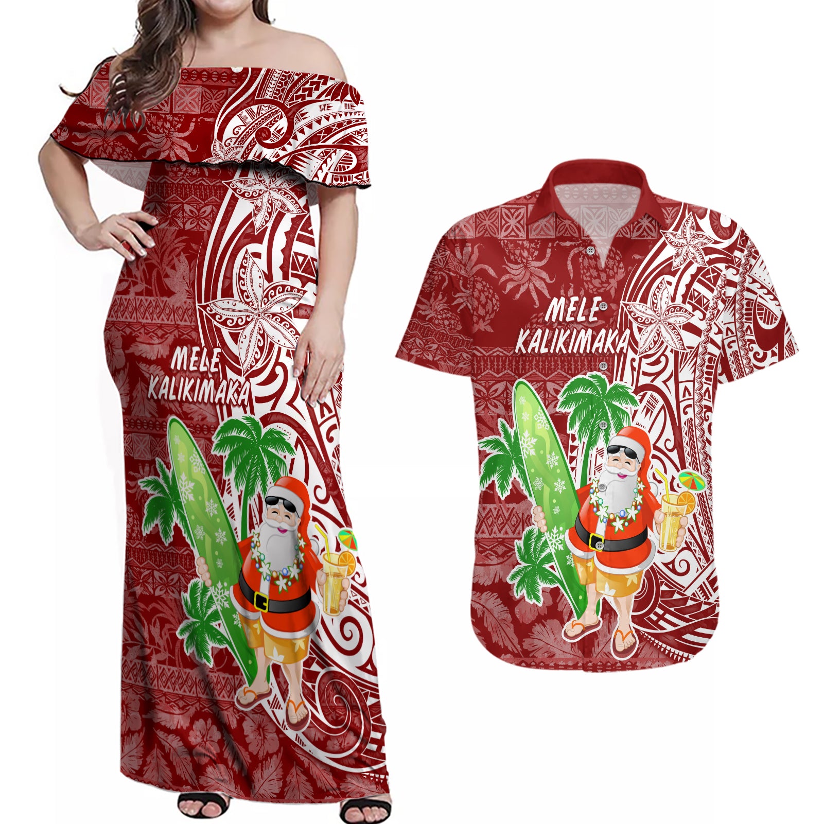 Hawaii Christmas Mele Kalikimaka Couples Matching Off Shoulder Maxi Dress and Hawaiian Shirt Santa Claus LT7 - Wonder Print Shop