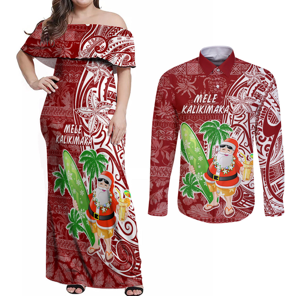Hawaii Christmas Mele Kalikimaka Couples Matching Off Shoulder Maxi Dress and Long Sleeve Button Shirt Santa Claus LT7 - Wonder Print Shop