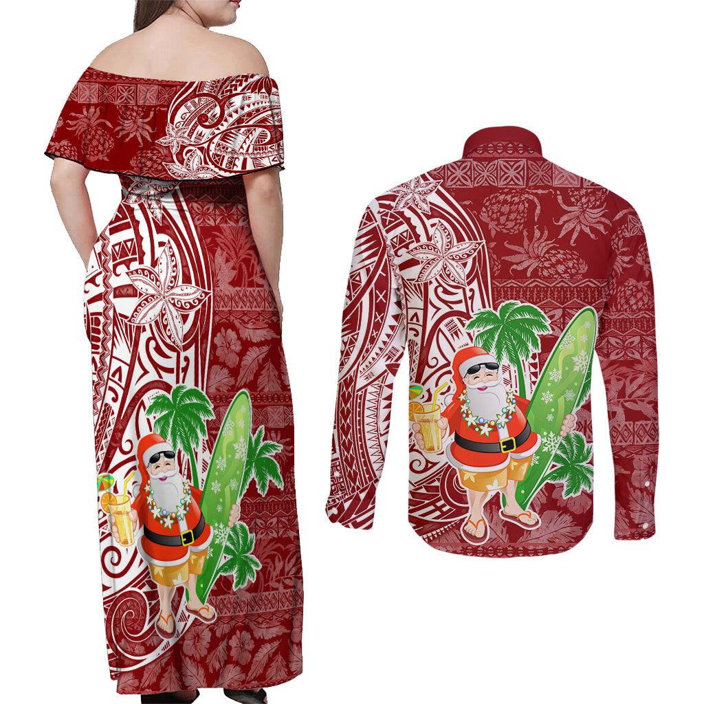 Hawaii Christmas Mele Kalikimaka Couples Matching Off Shoulder Maxi Dress and Long Sleeve Button Shirt Santa Claus LT7 - Wonder Print Shop