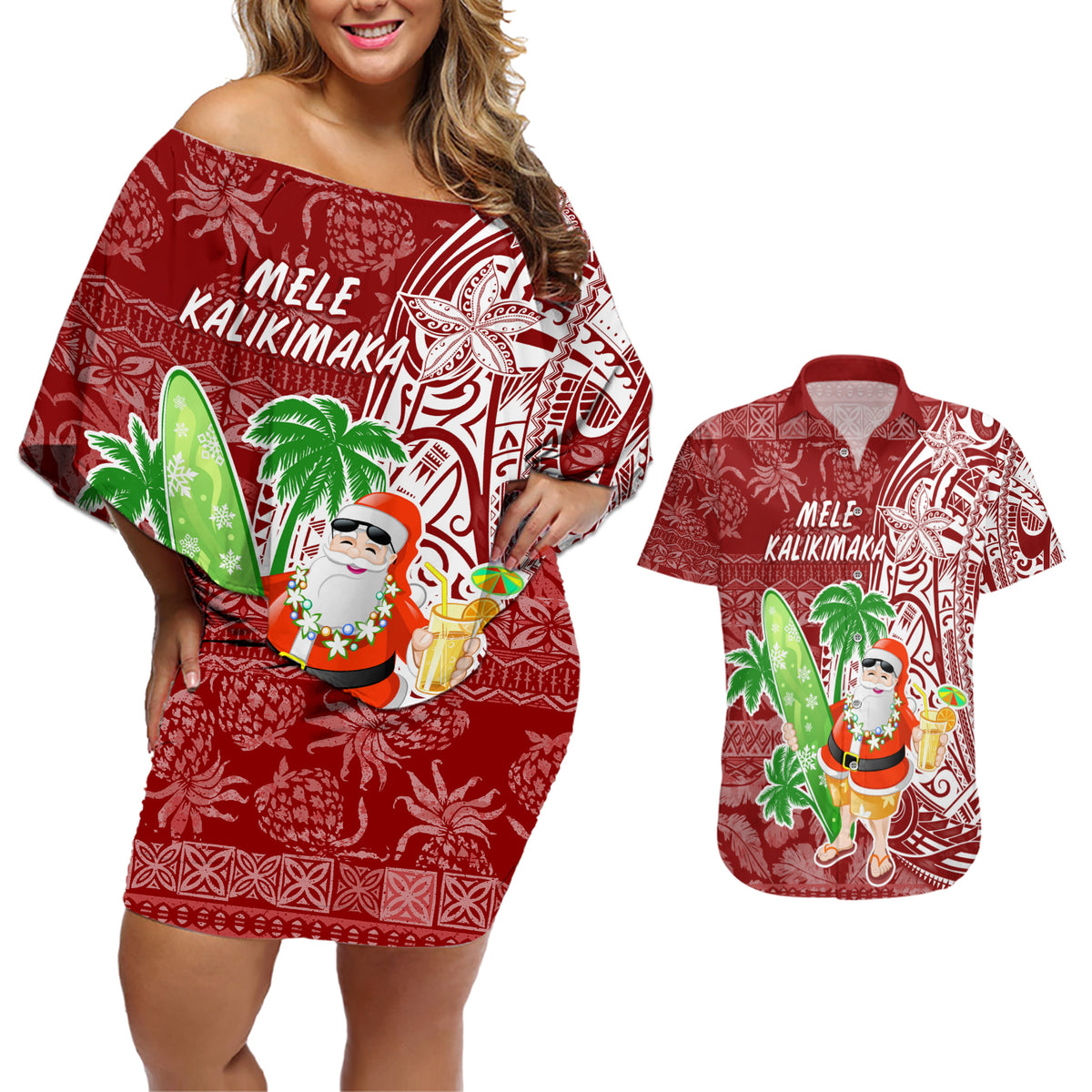 Hawaii Christmas Mele Kalikimaka Couples Matching Off Shoulder Short Dress and Hawaiian Shirt Santa Claus LT7 - Wonder Print Shop