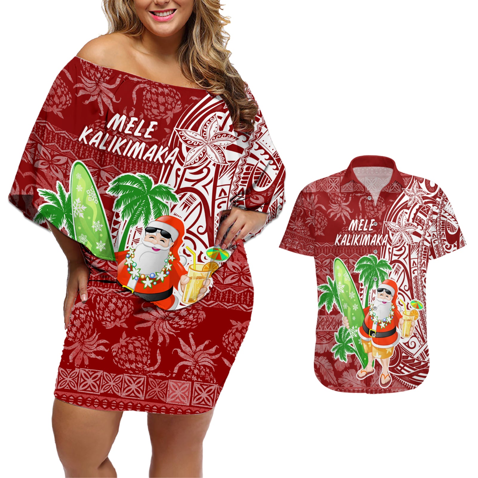 Hawaii Christmas Mele Kalikimaka Couples Matching Off Shoulder Short Dress and Hawaiian Shirt Santa Claus LT7 - Wonder Print Shop