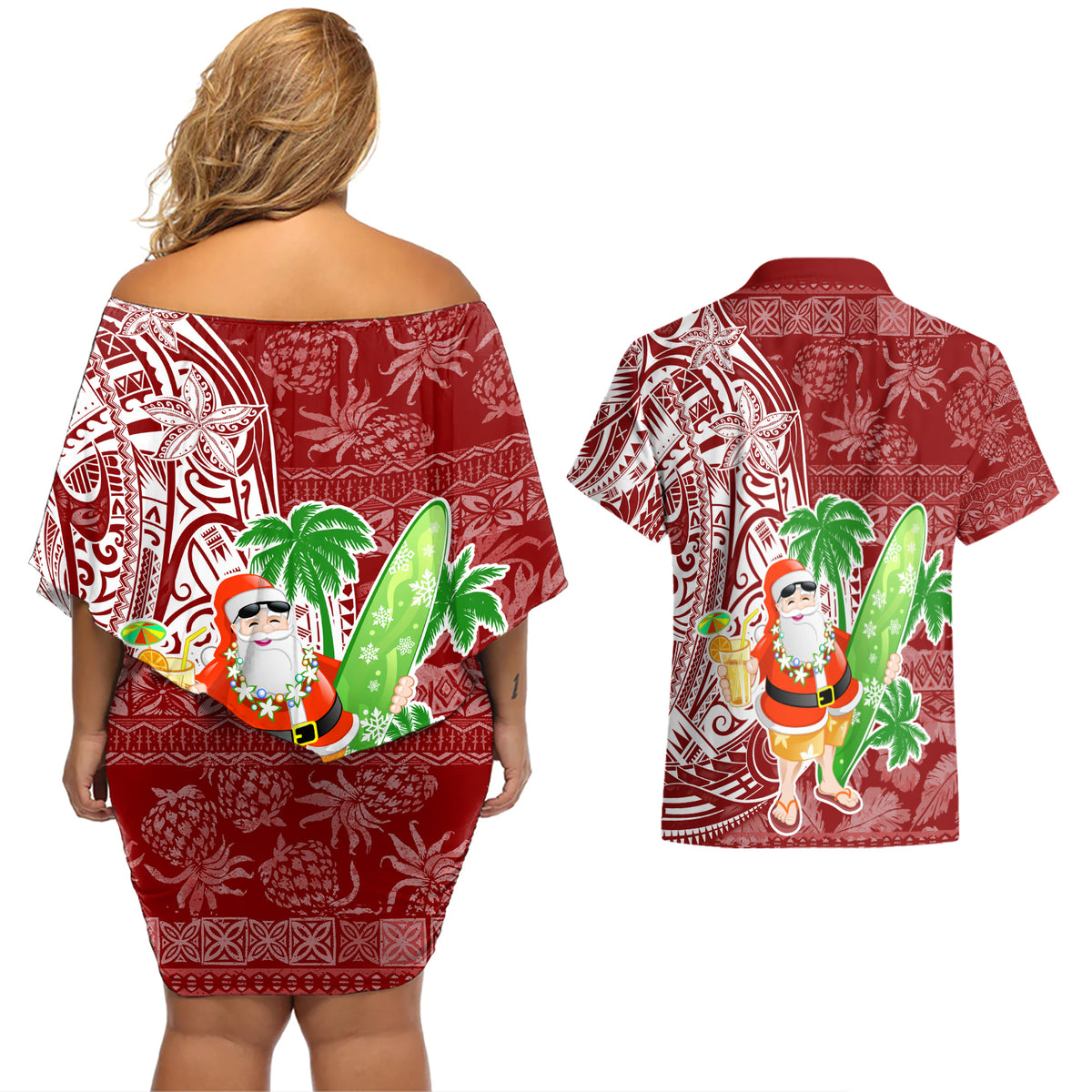 Hawaii Christmas Mele Kalikimaka Couples Matching Off Shoulder Short Dress and Hawaiian Shirt Santa Claus LT7 - Wonder Print Shop