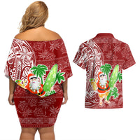 Hawaii Christmas Mele Kalikimaka Couples Matching Off Shoulder Short Dress and Hawaiian Shirt Santa Claus LT7 - Wonder Print Shop