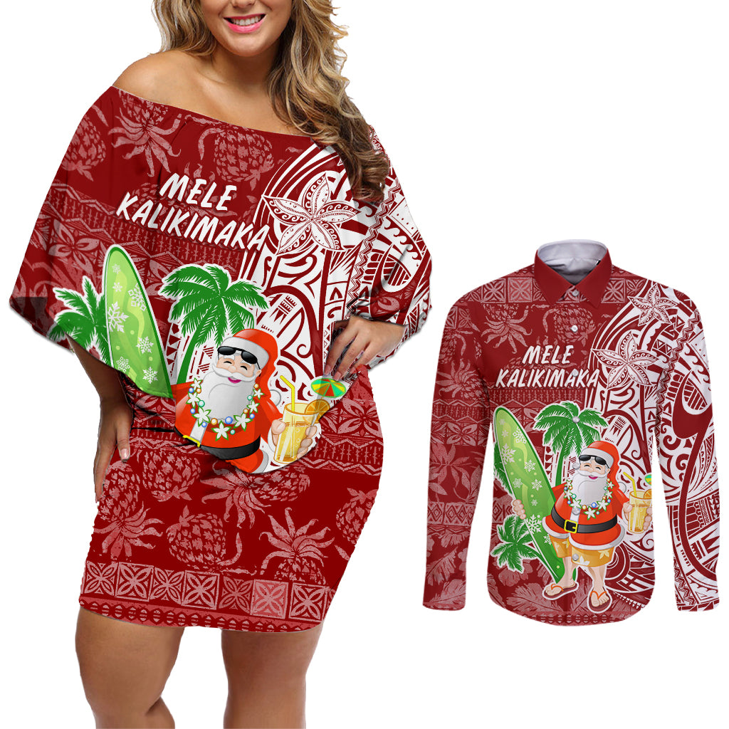 Hawaii Christmas Mele Kalikimaka Couples Matching Off Shoulder Short Dress and Long Sleeve Button Shirt Santa Claus LT7 - Wonder Print Shop
