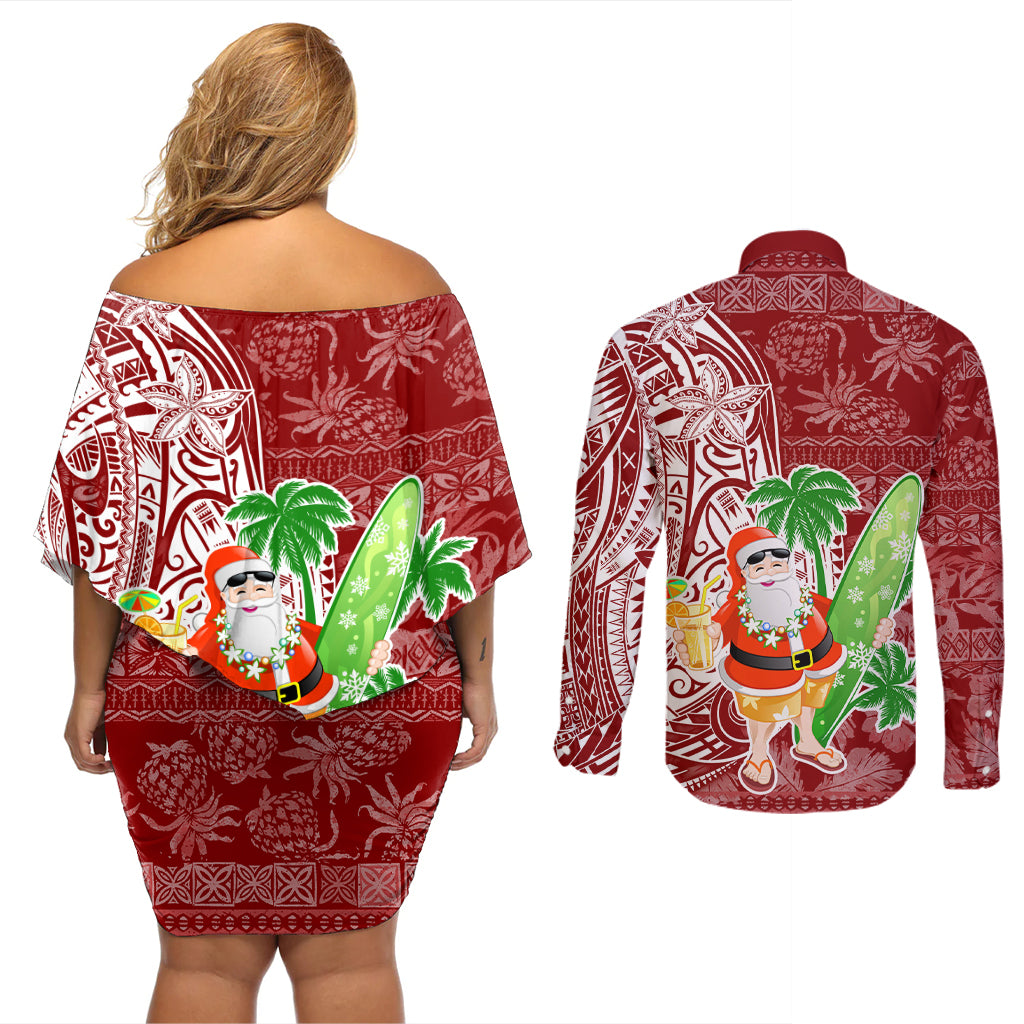 Hawaii Christmas Mele Kalikimaka Couples Matching Off Shoulder Short Dress and Long Sleeve Button Shirt Santa Claus LT7 - Wonder Print Shop