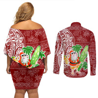 Hawaii Christmas Mele Kalikimaka Couples Matching Off Shoulder Short Dress and Long Sleeve Button Shirt Santa Claus LT7 - Wonder Print Shop