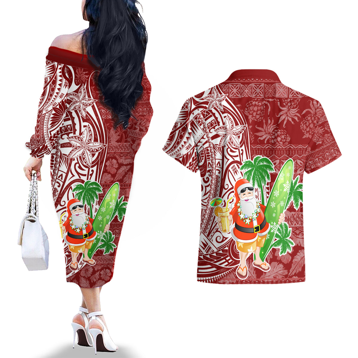 Hawaii Christmas Mele Kalikimaka Couples Matching Off The Shoulder Long Sleeve Dress and Hawaiian Shirt Santa Claus LT7 - Wonder Print Shop
