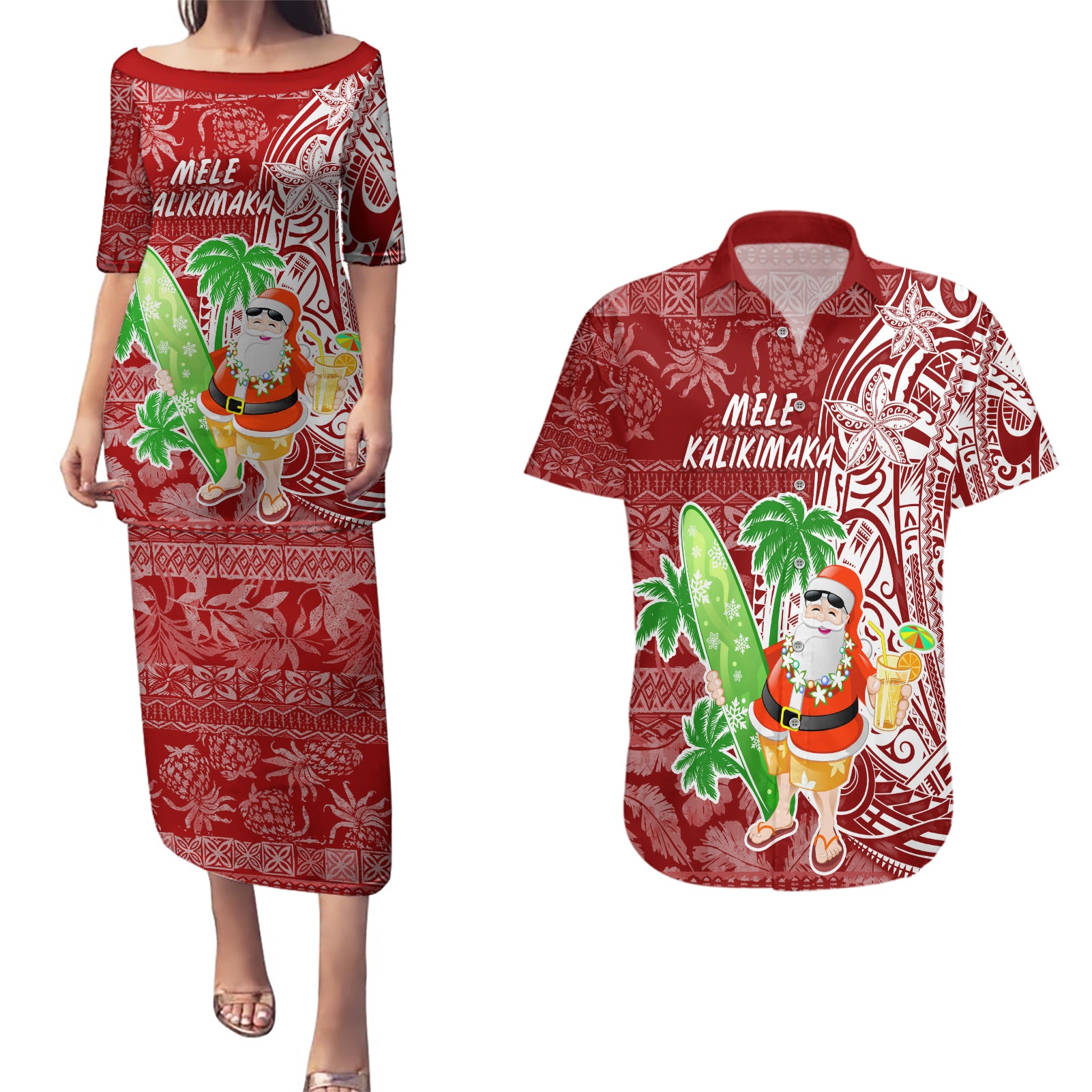 Hawaii Christmas Mele Kalikimaka Couples Matching Puletasi Dress and Hawaiian Shirt Santa Claus LT7 - Wonder Print Shop