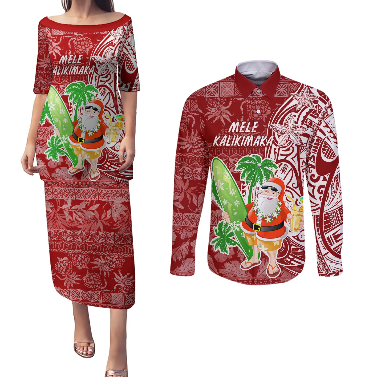 Hawaii Christmas Mele Kalikimaka Couples Matching Puletasi Dress and Long Sleeve Button Shirt Santa Claus LT7 - Wonder Print Shop