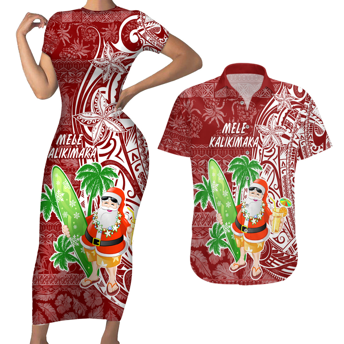 Hawaii Christmas Mele Kalikimaka Couples Matching Short Sleeve Bodycon Dress and Hawaiian Shirt Santa Claus LT7 - Wonder Print Shop