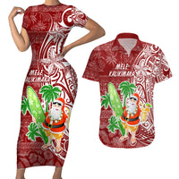 Hawaii Christmas Mele Kalikimaka Couples Matching Short Sleeve Bodycon Dress and Hawaiian Shirt Santa Claus LT7 - Wonder Print Shop