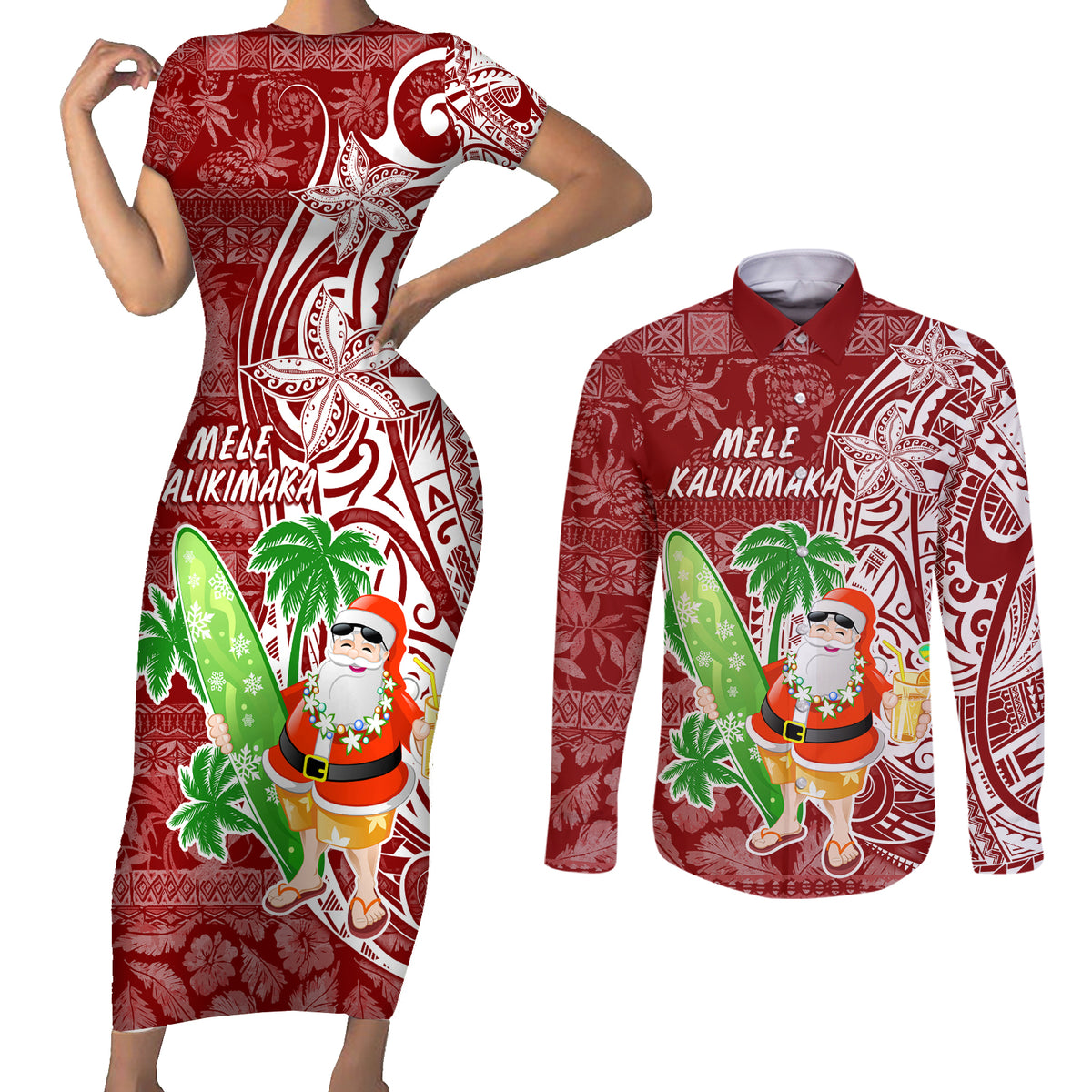 Hawaii Christmas Mele Kalikimaka Couples Matching Short Sleeve Bodycon Dress and Long Sleeve Button Shirt Santa Claus LT7 - Wonder Print Shop