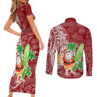 Hawaii Christmas Mele Kalikimaka Couples Matching Short Sleeve Bodycon Dress and Long Sleeve Button Shirt Santa Claus LT7 - Wonder Print Shop
