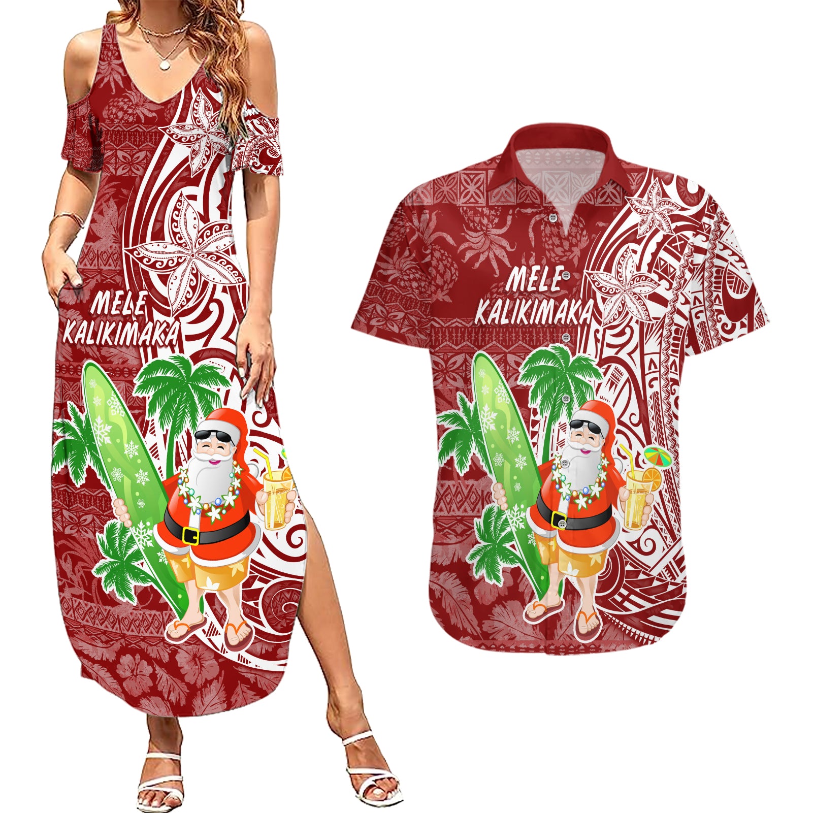 Hawaii Christmas Mele Kalikimaka Couples Matching Summer Maxi Dress and Hawaiian Shirt Santa Claus LT7 - Wonder Print Shop