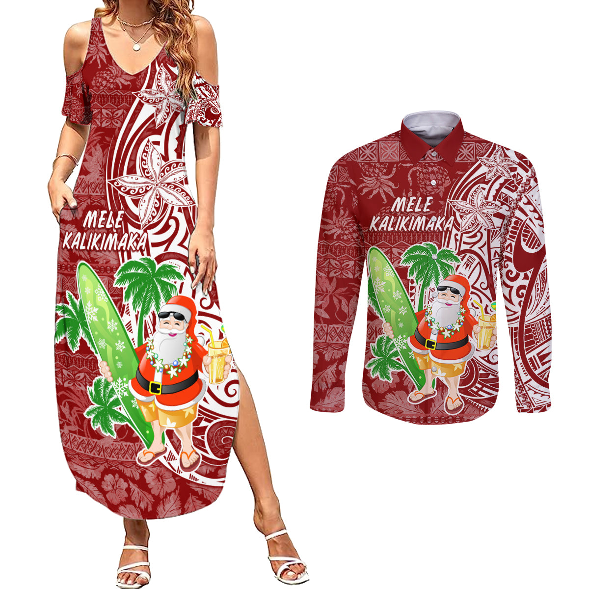 Hawaii Christmas Mele Kalikimaka Couples Matching Summer Maxi Dress and Long Sleeve Button Shirt Santa Claus LT7 - Wonder Print Shop