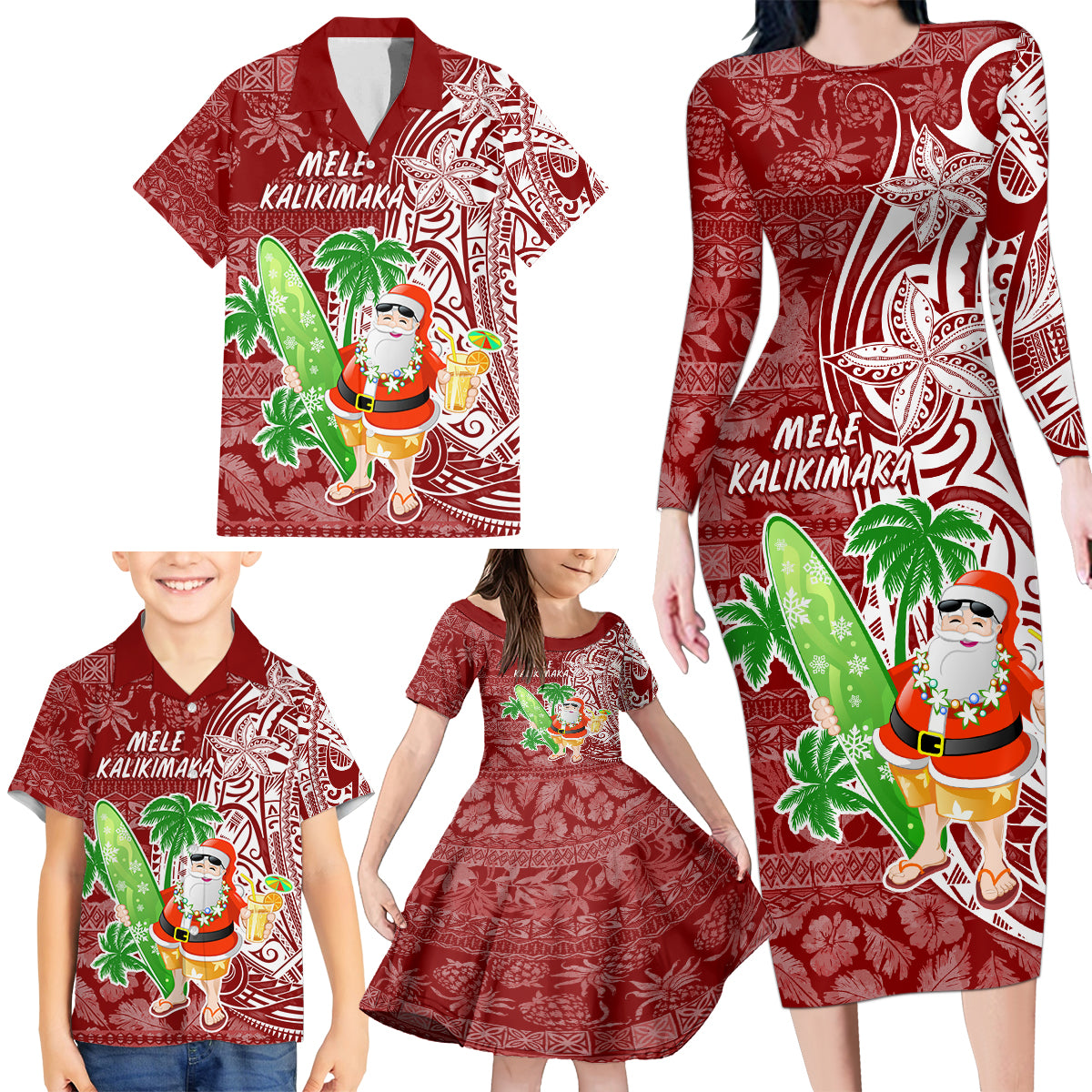 Hawaii Christmas Mele Kalikimaka Family Matching Long Sleeve Bodycon Dress and Hawaiian Shirt Santa Claus LT7 - Wonder Print Shop