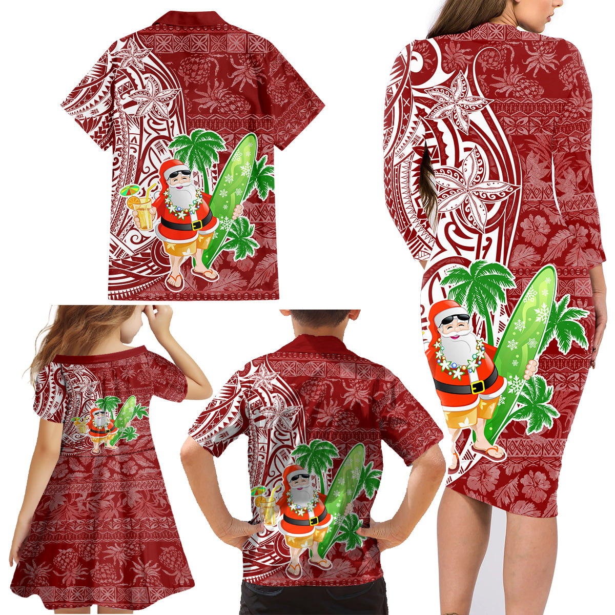 Hawaii Christmas Mele Kalikimaka Family Matching Long Sleeve Bodycon Dress and Hawaiian Shirt Santa Claus LT7 - Wonder Print Shop