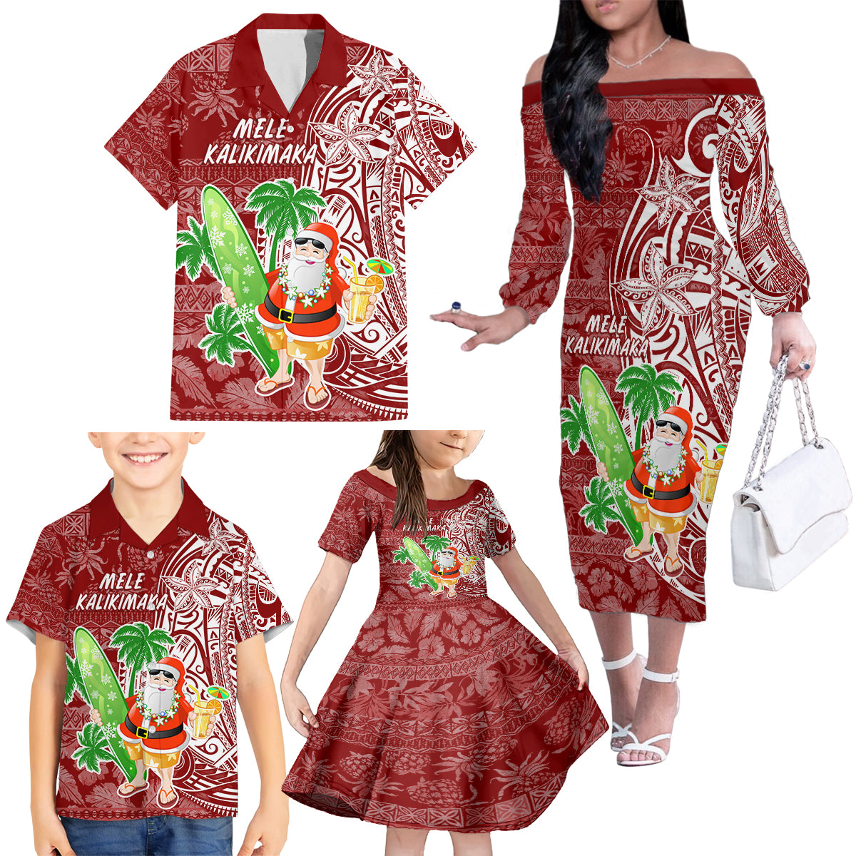 Hawaii Christmas Mele Kalikimaka Family Matching Off Shoulder Long Sleeve Dress and Hawaiian Shirt Santa Claus - Wonder Print Shop