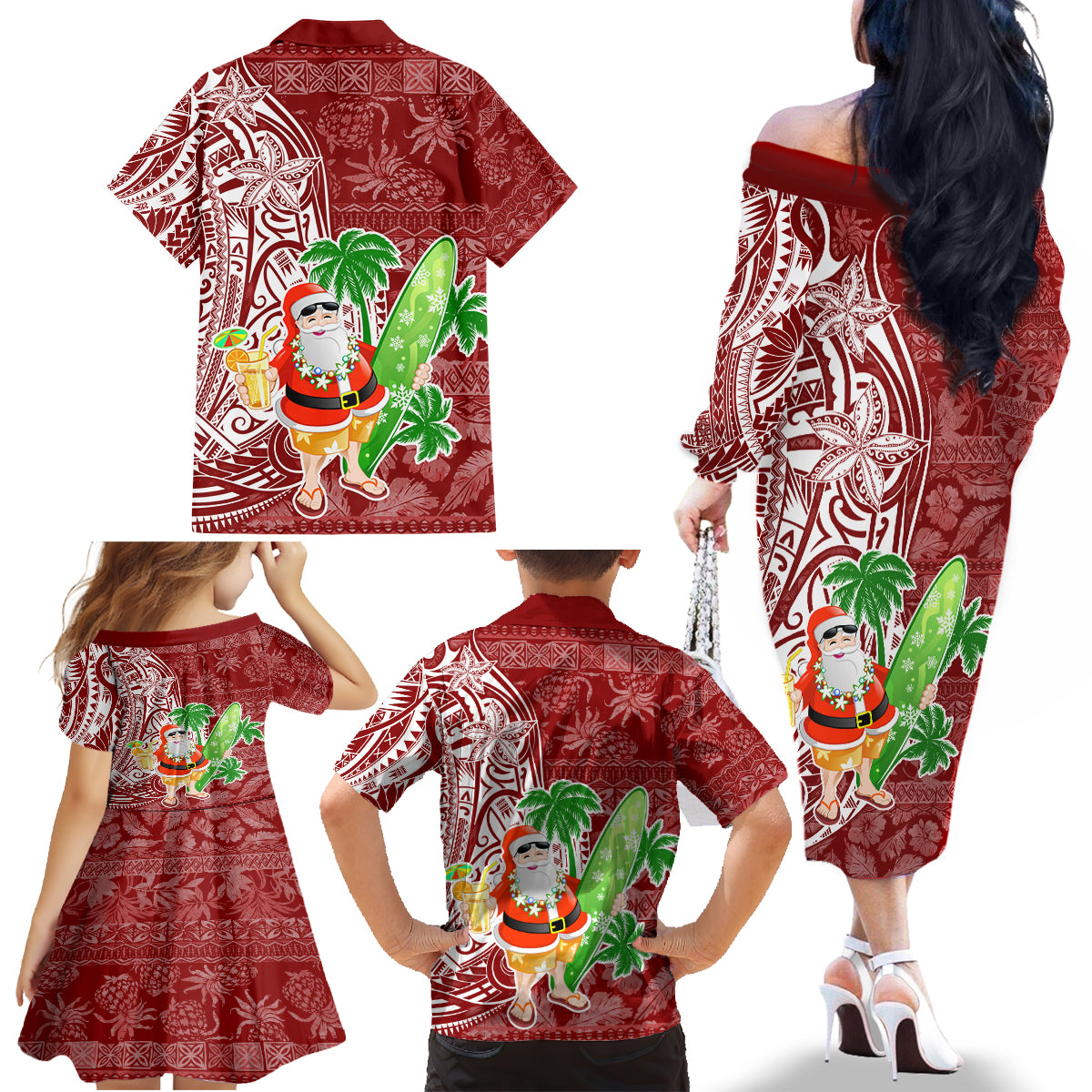 Hawaii Christmas Mele Kalikimaka Family Matching Off Shoulder Long Sleeve Dress and Hawaiian Shirt Santa Claus - Wonder Print Shop