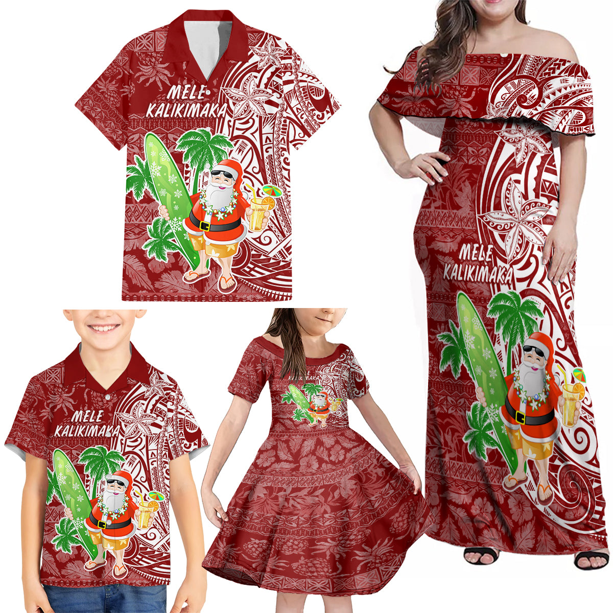 Hawaii Christmas Mele Kalikimaka Family Matching Off Shoulder Maxi Dress and Hawaiian Shirt Santa Claus LT7 - Wonder Print Shop