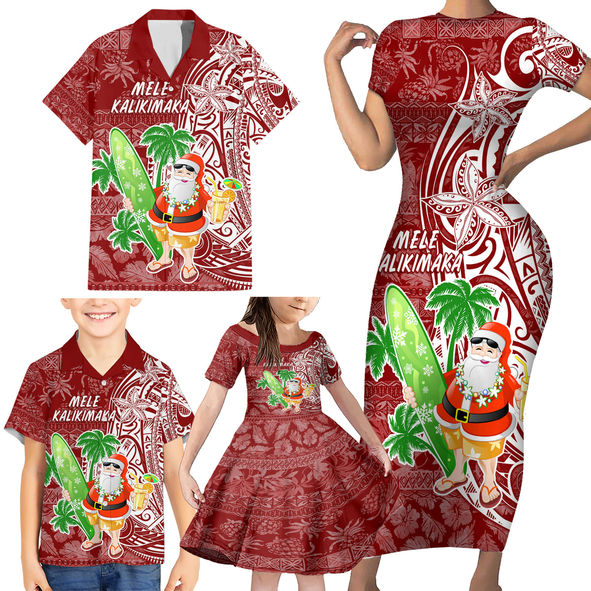 Hawaii Christmas Mele Kalikimaka Family Matching Short Sleeve Bodycon Dress and Hawaiian Shirt Santa Claus - Wonder Print Shop