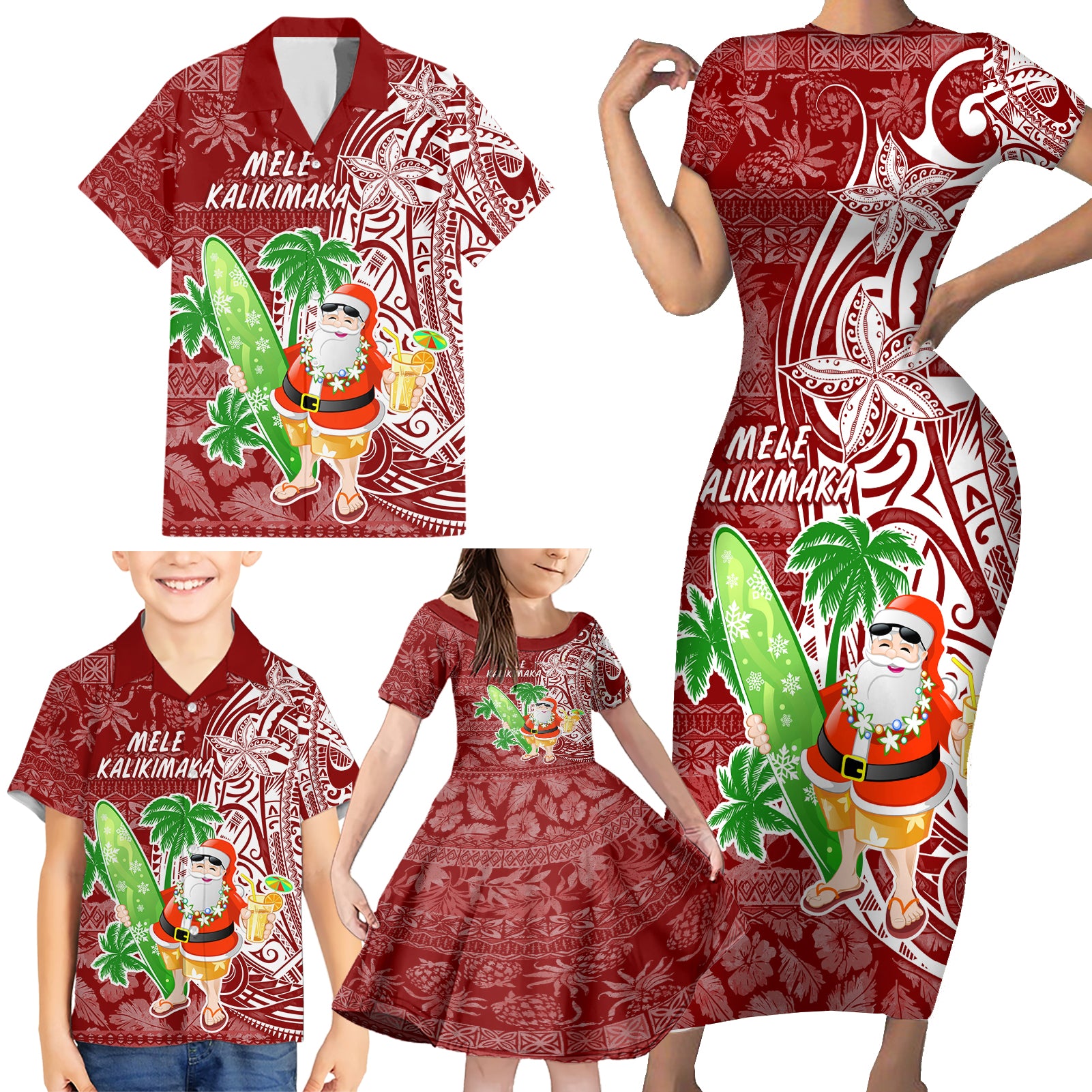 Hawaii Christmas Mele Kalikimaka Family Matching Short Sleeve Bodycon Dress and Hawaiian Shirt Santa Claus - Wonder Print Shop