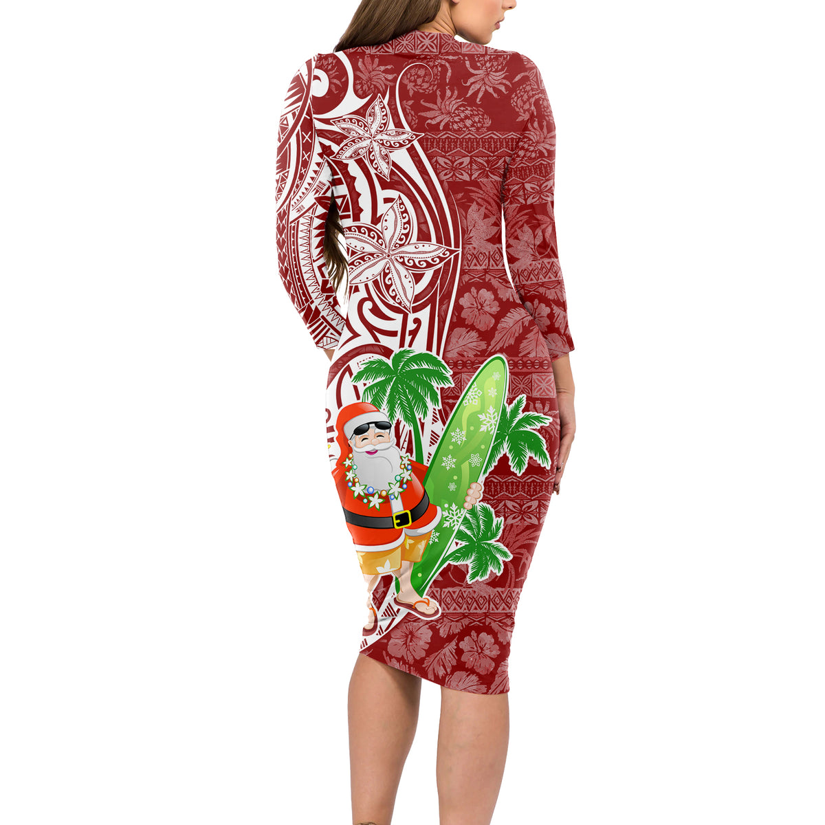 Hawaii Christmas Mele Kalikimaka Long Sleeve Bodycon Dress Santa Claus - Wonder Print Shop