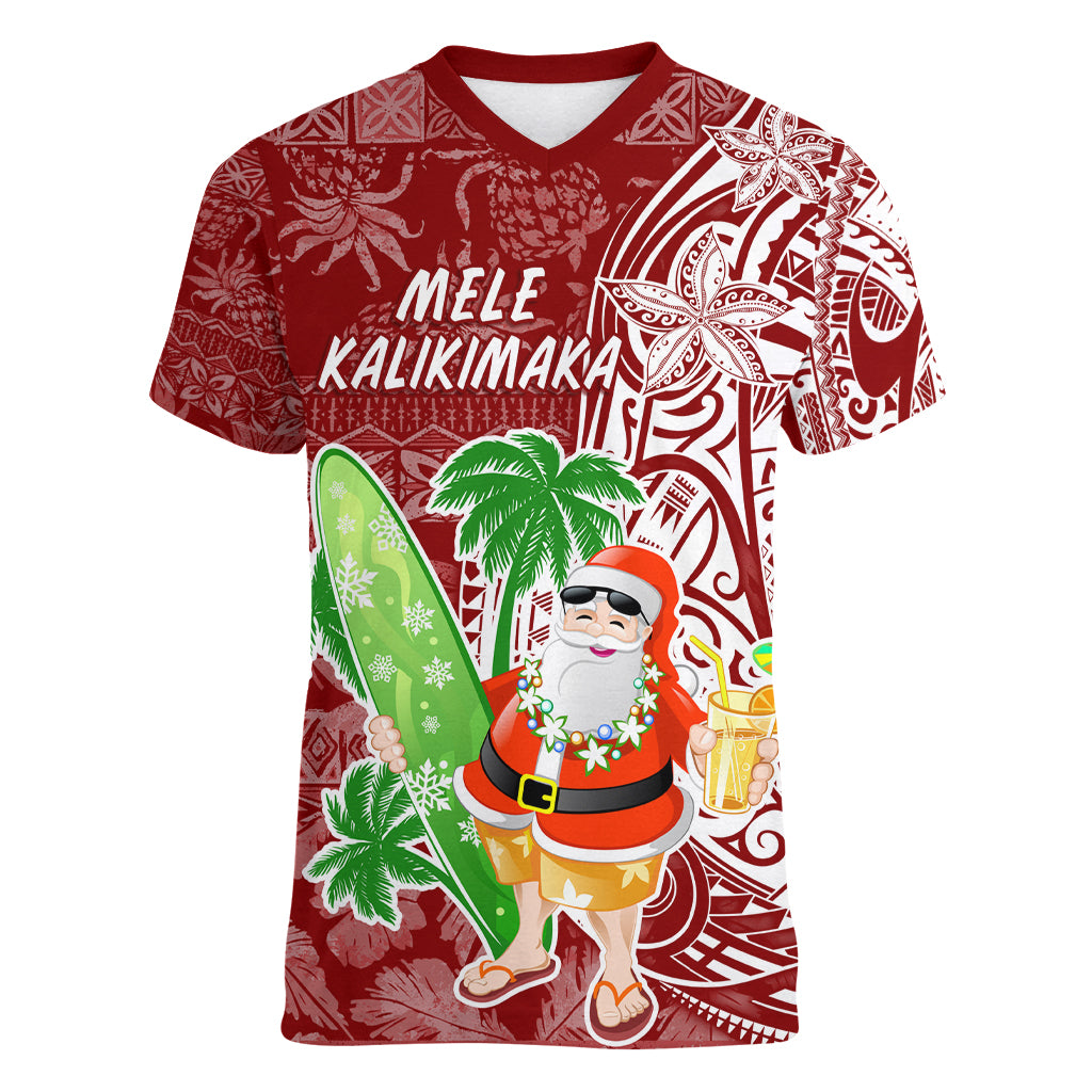 Hawaii Christmas Mele Kalikimaka Women V Neck T Shirt Santa Claus - Wonder Print Shop